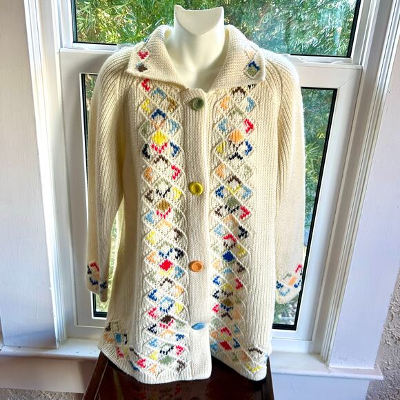Vintage 60s Fashion Collection Multicolor Argyle Embroidered Long Cardigan - Picture 1 of 16